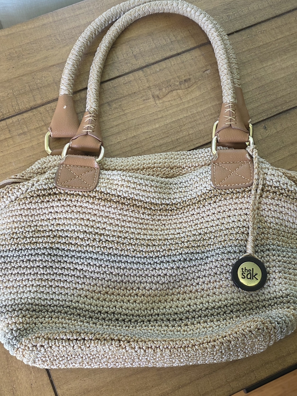 The Sak Neutral Crochet Tote with Tan Leather Handles